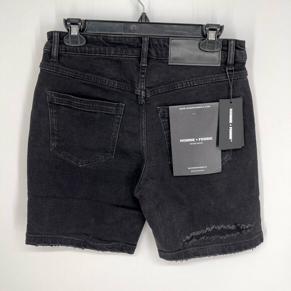 Homme + Femme NEW Distressed Flames Logo Jean Shorts Mens Sz 30 Black Stretch - Picture 4 of 8